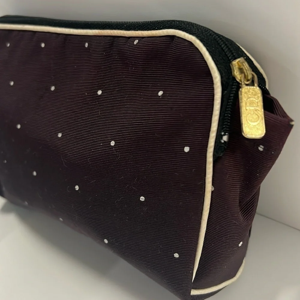 Christian Dior Vintage Polka Dot Dark Brown Canvas Zipper Clutch Make Up Bag